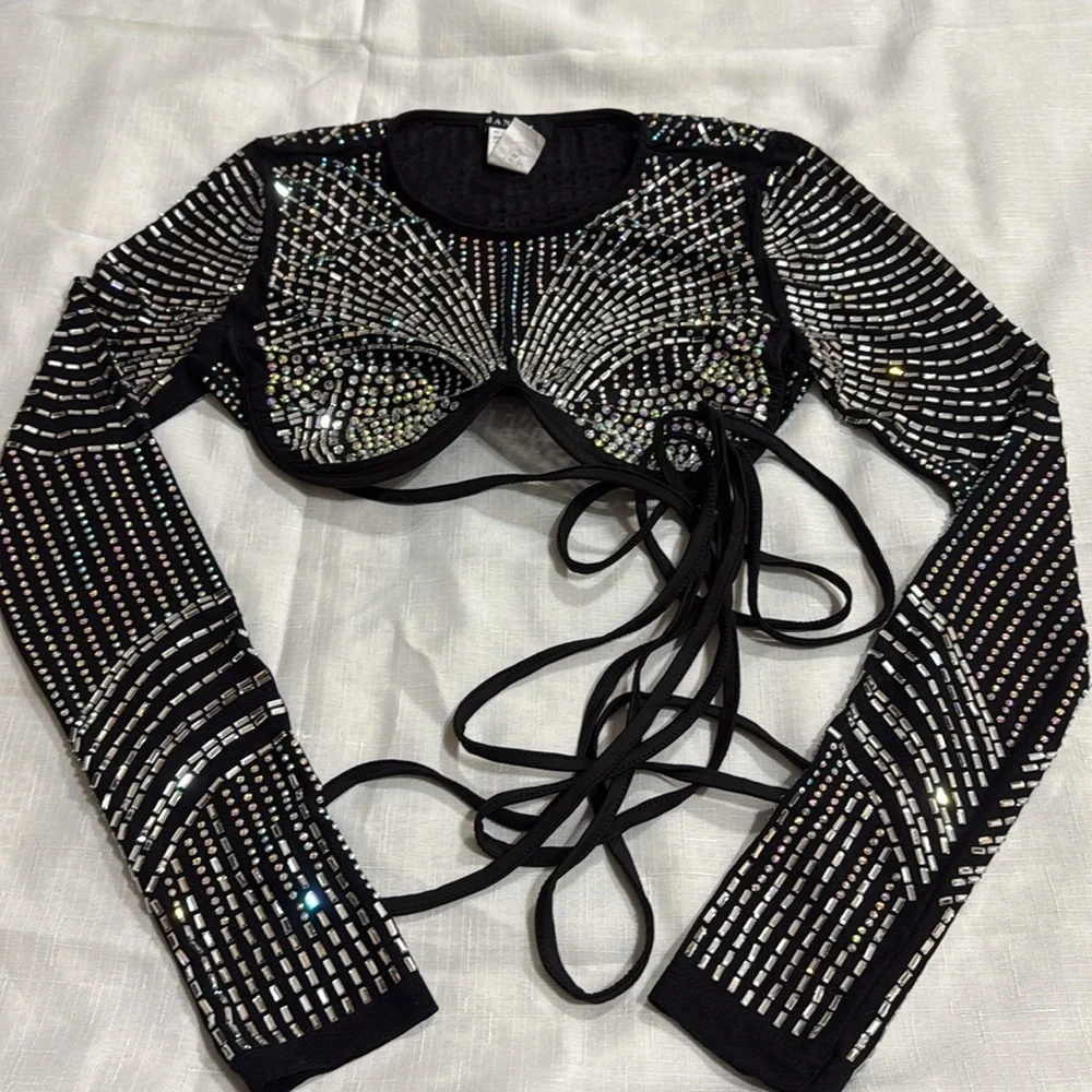 (A3)BAJUL Sheer Crop Top with Rhinestones and Trim, Size M - Picture 7 of 10